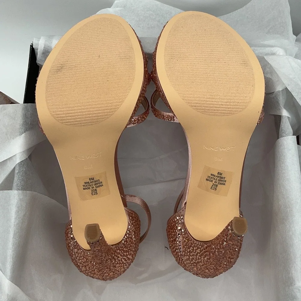 Nine West Rose Gold Satin Rhinestone Platform Ankle Strap Heels Womens 6M